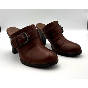 Leather Brown BOC Born Women's Boots Clogs With Buckle Strap & Heel